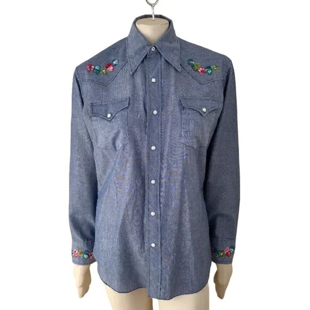 VTG 70s Floral Embroidered Pearl Snap Western Shirt in Blue  MEN'S L SLIM